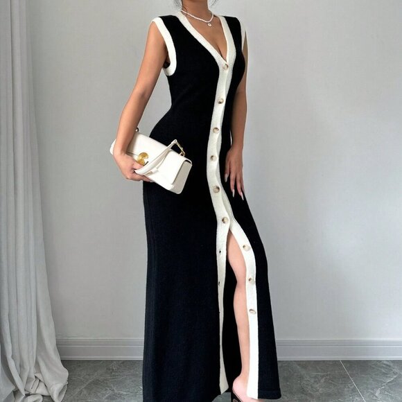 Black Casual Women's Color Block Button Front Sleeveless Dress - Picture 4 of 6